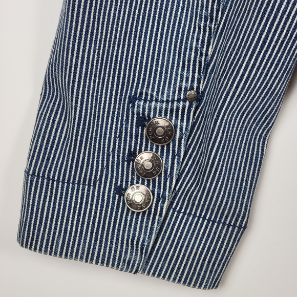 Per Se Pinstripe Distressed Cotton Blazer With Contrasting Cuff Print, EUC, szXL - Picture 5 of 10